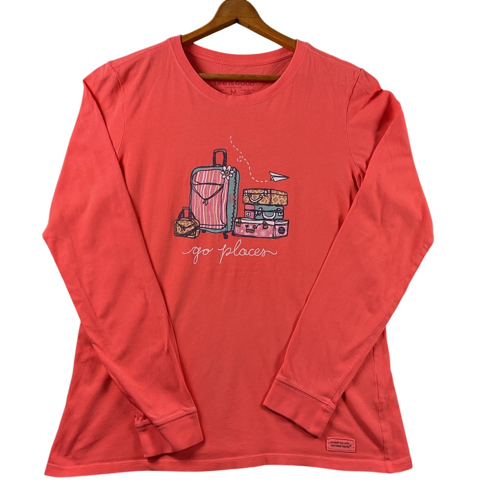 Life is Good Crusher-Lite Long Sleeve T-Shirt Womens M Coral Go Places Suitcase